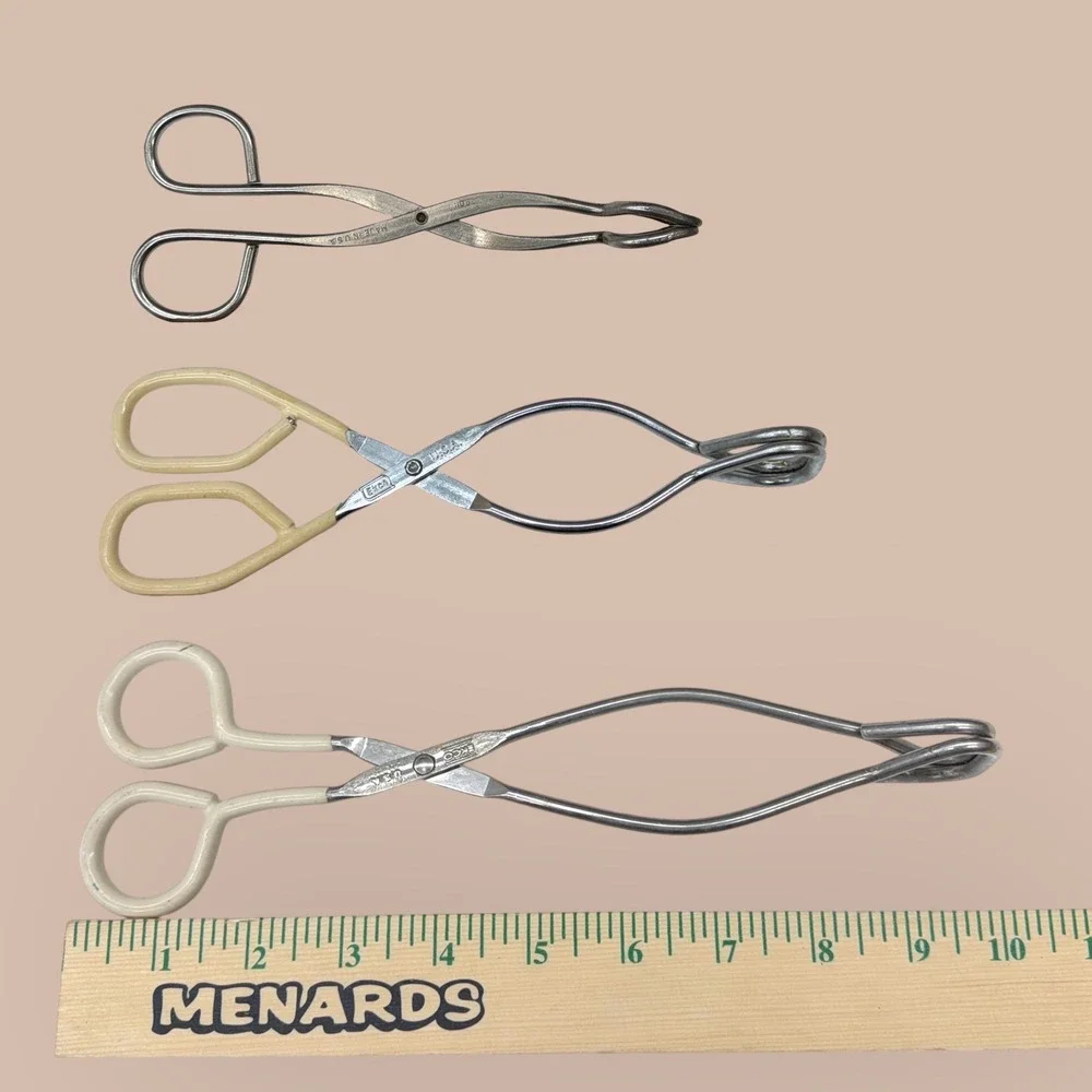 Vintage‎ EKCO USA Kitchen Tongs Set of 3 Metal Scissor Style Tongs Silver Cream